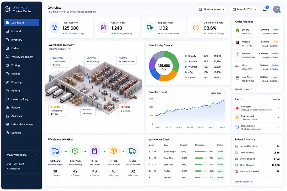 Warehouse management workflow showing coordination across multi-channel ecommerce operations
